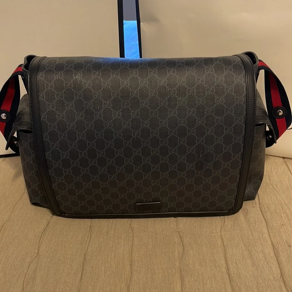 Gucci Black GG Messenger Baby Bag with Red and Navy Web Strap